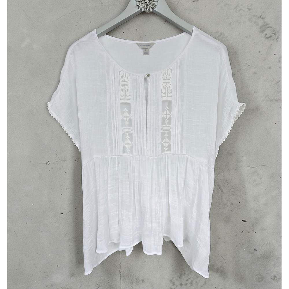 Belle & Sky White Semi-Sheer Bohemian-Style‎ Peplum Blouse Size Large